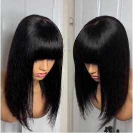 WoWEbony Indian Remy Hair Full Bangs Yaki Straight Glueless 3.5 x 3 Silk Top Closure Wig [Bangs01]