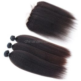 Peruvian virgin unprocessed human hair wefts and 13*4 Lace Frontal Kinky Straight 3+1 pieces a lot Natural Color Hair Bundles 95g/pc [PVKSLF3+1]