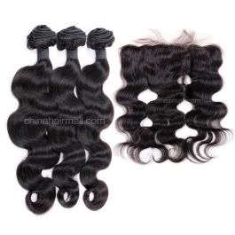 Malaysian virgin natural color human hair wefts and 13X4 Lace Frontal Body Wave 3+1 pieces a lot Hair Bundles 95g/pc [MVBWLF3+1]