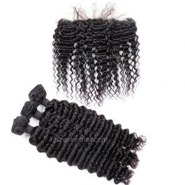 Peruvian virgin unprocessed human hair wefts and 13*4 Lace Frontal Deep Wave 3+1 pieces a lot Natural Color Hair Bundles 95g/pc [PVDWLF3+1]