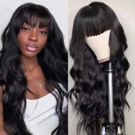 WoWEbony Indian Remy Hair Full Bangs New Body Wave Glueless Silk Top Non-Lace Wig [STNLW06]