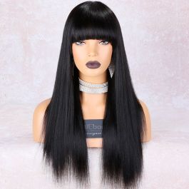Indian Remy Hair Full Bangs Yaki Straight Glueless Silk Top Non-Lace Wig