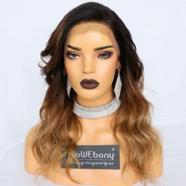 WoWEbony Virgin Human Hair Ombre Brown/ Camel Color Hair Wavy Lace Front Wig [Kendra]