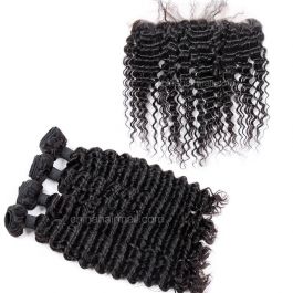 Peruvian virgin unprocessed human hair wefts and 13*4 Lace Frontal Deep Wave 4+1 pieces a lot Natural Color Hair Bundles 95g/pc [PVDWLF4+1]