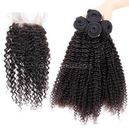 Malaysian virgin unprocessed natural color human hair wefts and 4*4 Lace Closure Kinky Curly 4+1 pieces a lot Hair Bundles 95g/pc [MVKC4+1]