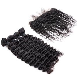 Malaysian virgin unprocessed natural color human hair wefts and 13*4 Lace Frontal Deep Wave 4+1 pieces a lot Hair Bundles 95g/pc [MVDWLF4+1]