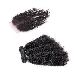 Malaysian virgin unprocessed natural color human hair wefts and 4X4 Lace Closure Afro Kinky Curly 3+1 pieces a lot Hair Bundles 95g/pc [MVAKC3+1]