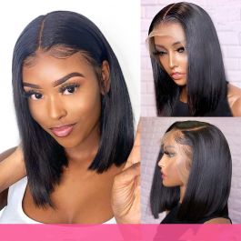  WowEbony 6 inches Deep Part Silky Straight Pre-plucked Lace Front Wigs Indian Remy Hair, 150% Density, Natural Color, 12 Inches Bob Wigs, Pre-Bleached Knots, Medium Cap Size [DLFWBOB01]