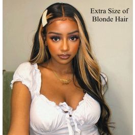 WoWEbony Remy Human Hair Blonde Money Piece Frame Highlight Chunk Stripe Color Wavy Style 360 Lace Wig or HD Lace Front Wig[WOW12]