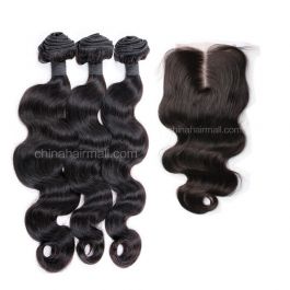 Peruvian virgin unprocessed human hair wefts and 4*4 Lace Closure Body Wave 3 +1 pieces a lot Natural Color Hair Bundles 95g/pc [PVBW3+1]