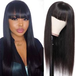 WoWEbony Indian Remy Hair Full Bangs Yaki Straight Glueless Silk Top Non-Lace Wig [STNLW08]