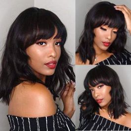 WoWEbony Indian Remy Hair Full Bangs Loose Wave Glueless Silk Top Non-Lace Wig [STNLW10]