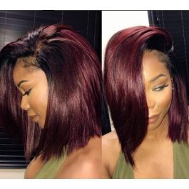 Fast Shipping WoWEbony Yaki or Silky Straight Blunt Cut Bob Ombre Burgundy Color Preplucked Lace Front Wig[DLFWBOB10]