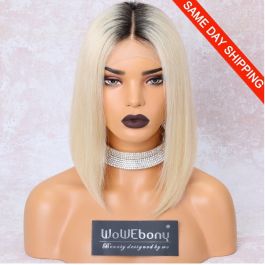 Same Day Shipping: WoWEbony Indian Remy Human Hair Silk Straight Or Wavy Dark Root #613 Blonde Hair Blunt Cut Bob 13X4 Lace Front Wigs[IR4.5DPOM2]