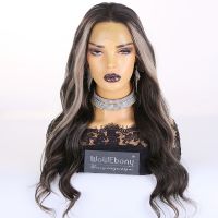 WoWEbony Luxury Brazilian Virgin Human Hair Balayage Dark Gray/White Blonde Chunk Stripe Highlight Salt and Pepper Color with Frame Money Pieces Wavy Texture HD Lace Wig [WOW21] 