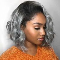 WoWEbony Indian Remy Hair Ombre Silver Color Wavy Asymmetrical Cut Bob T Part Lace Front Wigs[WOW40]