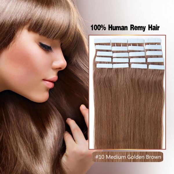 Seamless tape in hair extensions in virgin remy human hair medium golden  brown #10 color straight *4cm size 40 pcs per set [TPV-10]