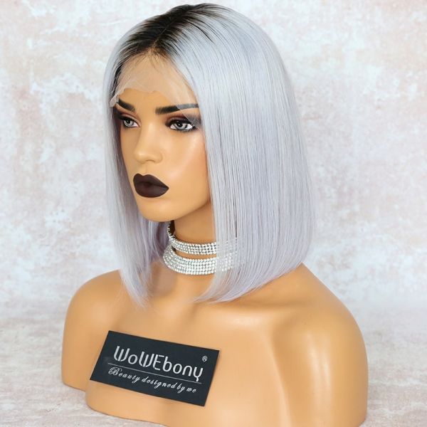 WowEbony Grey Hair Dark Root Indian Remy Hair Silk Straight Bob Cut T Part  Lace Front Wigs[]