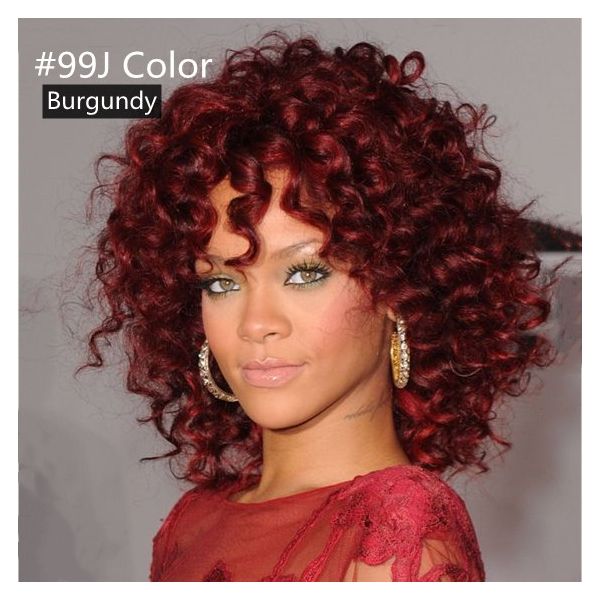 WoWEbony Indian Remy Hair Full Bangs 3A Curly Hair Black, Red or Burgundy  Color Glueless 