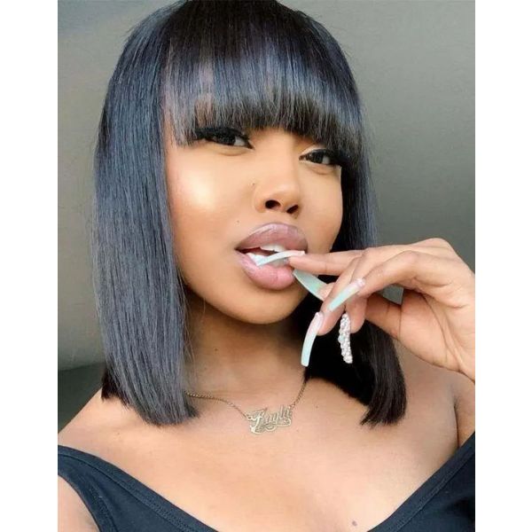 WowEbony Indian Remy Hair Full Bangs Yaki Straight Glueless Silk Top  Non-Lace Wig [STNLW01]