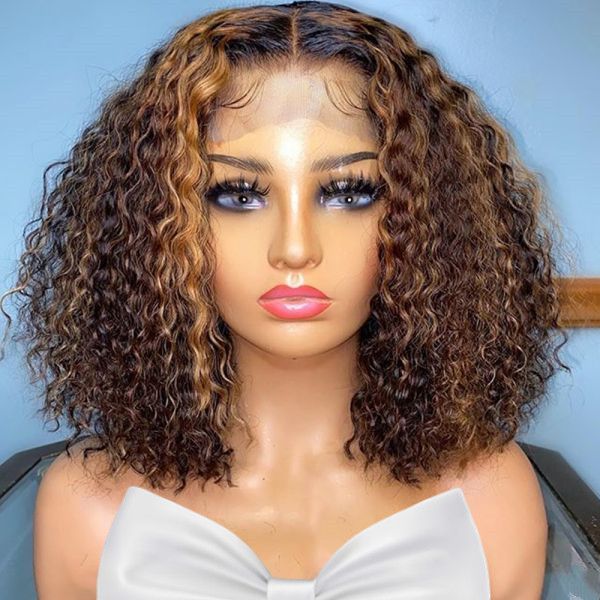 WoWEbony Human Hair #4/27 Highlight Color Curly Texture Shoulder Length Bob  Cut Glueless Lace Closure or Lace Frontal Wigs [Honey]