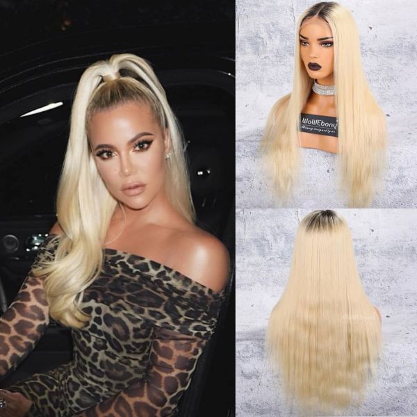  Ombre Blonde Dark Roots Lace Front Wigs 13x4 Free Part  Straight Human Hair Wig Full Ends 28 Inch 150% Density 2 Tone Brazilian  Virgin Lace Frontal Wigs Pre plucked Natural