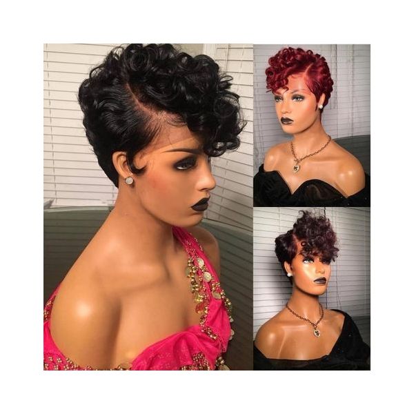 Fast Shipping WowEbony Human Hair Pixie Cut Short Hair Curve T Part  Glueless Lace Wigs [Curve15]