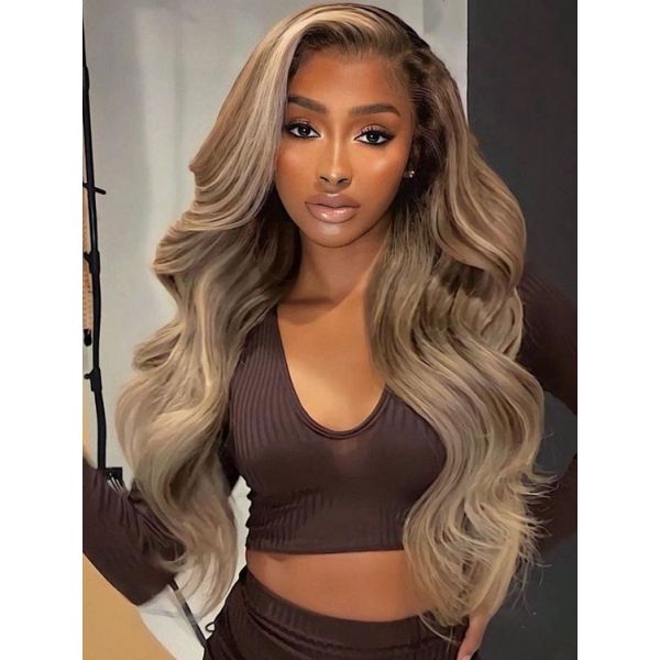 WoWEbony Luxury Human Hair Balayage Brown Blonde White Blonde Highlight Color Wavy Texture Lace Wig