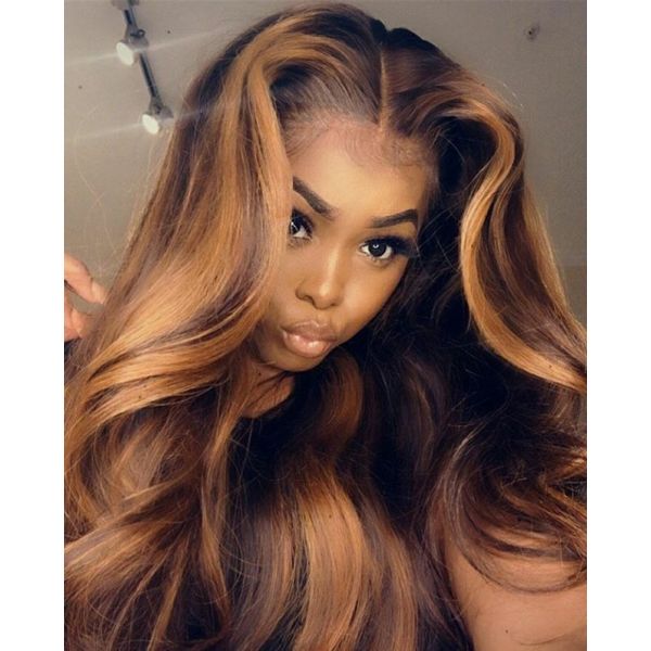WoWEbony Indian Remy NC/27 brown/blonde Stripe Highlight Color Wave HD Lace  Frontal Wigs [WOW16]
