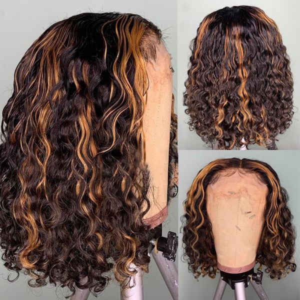 WoWEbony Human Hair Highlight Color #4/27 Curly Glueless Lace Bob Wigs  [Cara]